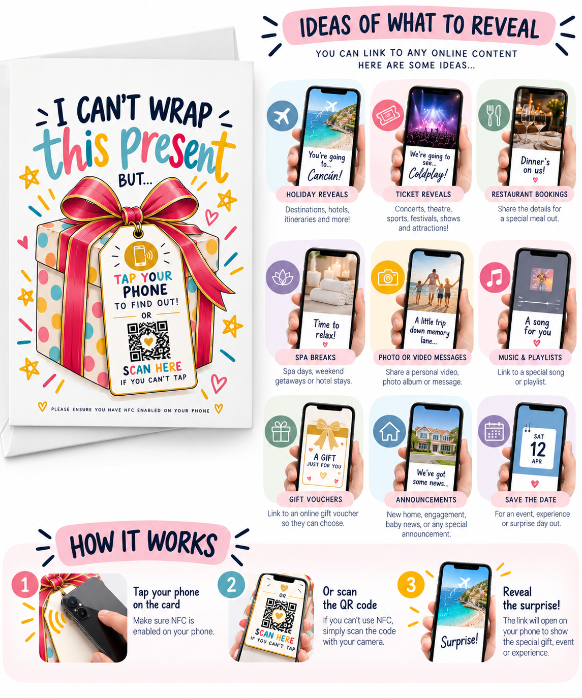 Personalised NFC Birthday Card Tap to Reveal Surprise Gift QR Experience Tickets