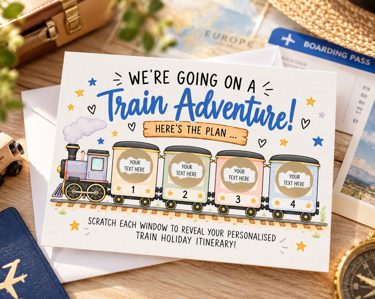 Personalised Train Adventure Scratch Off Card Holiday Trip Itinerary Surprise Reveal