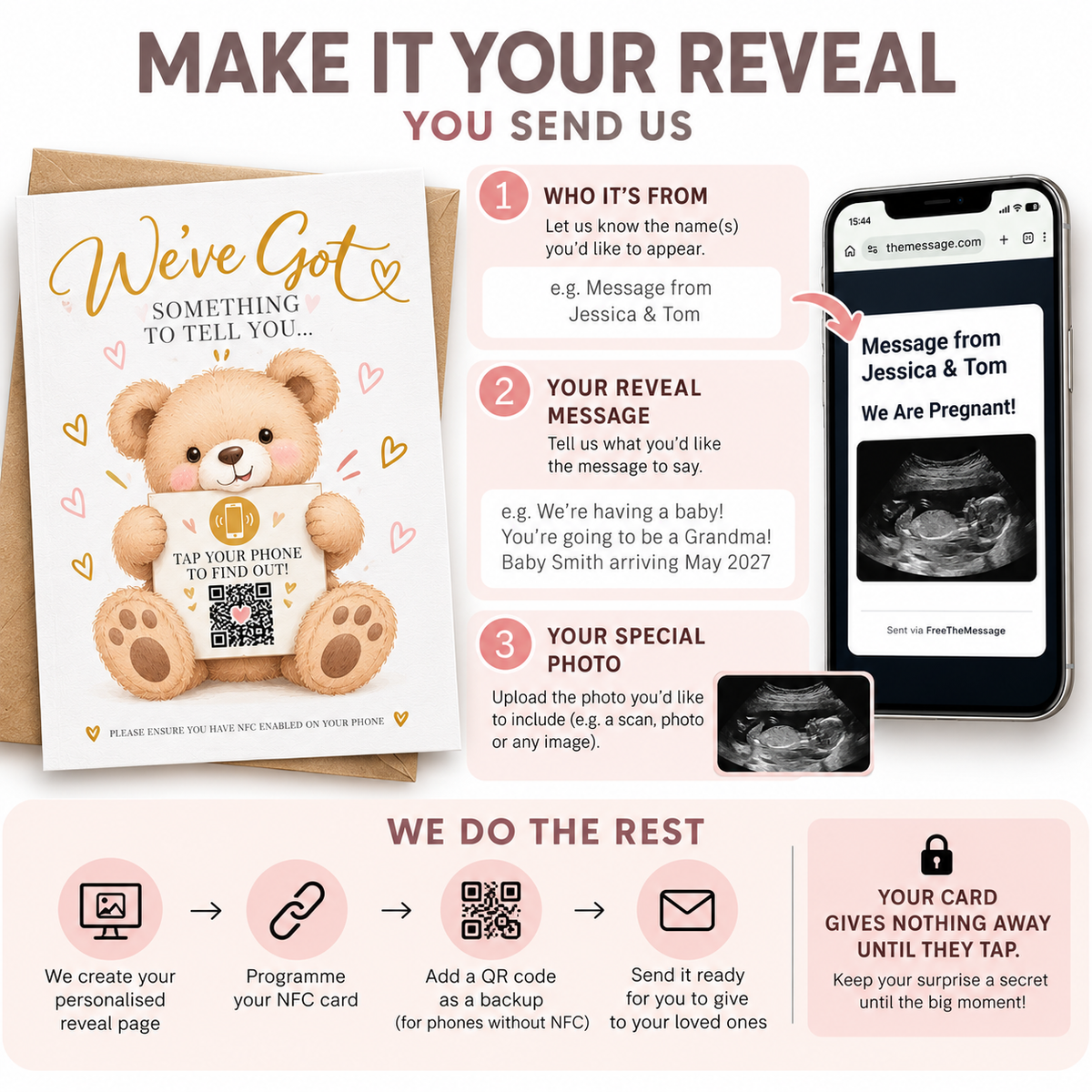 Personalised NFC Pregnancy Reveal Card Tap to Reveal Baby Announcement QR Scan
