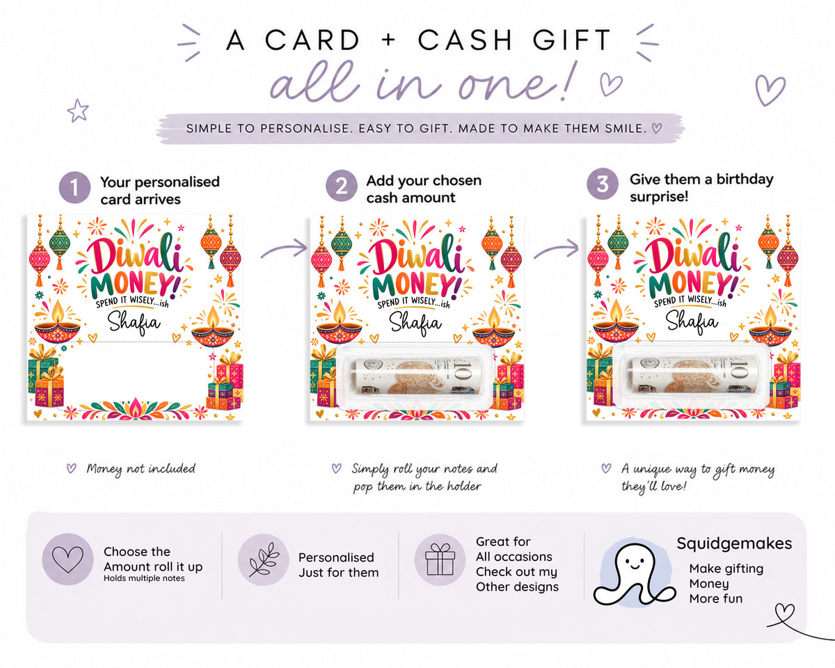 Personalised Diwali Money Gift Card Funny Cash Holder Wallet Kids Teens Adults