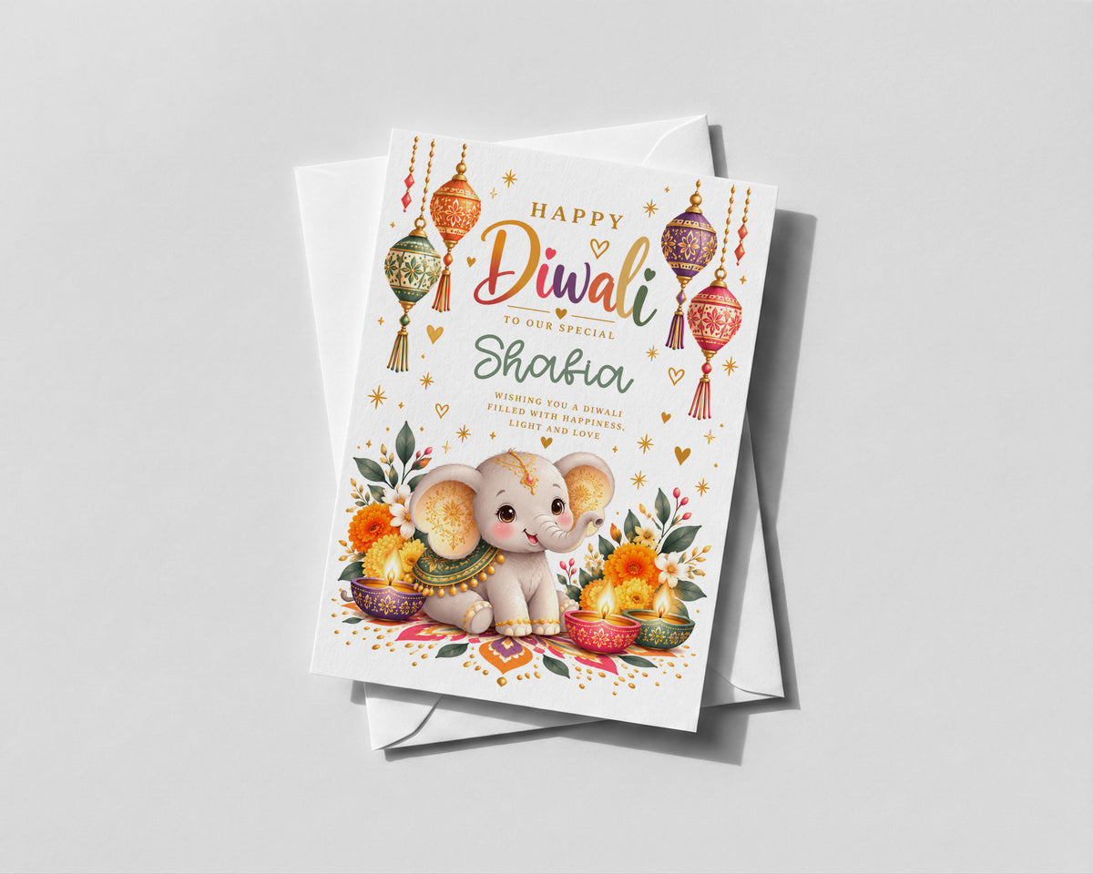 Personalised Diwali Card Grandson Granddaughter Kids Child Name Elephant Greeting