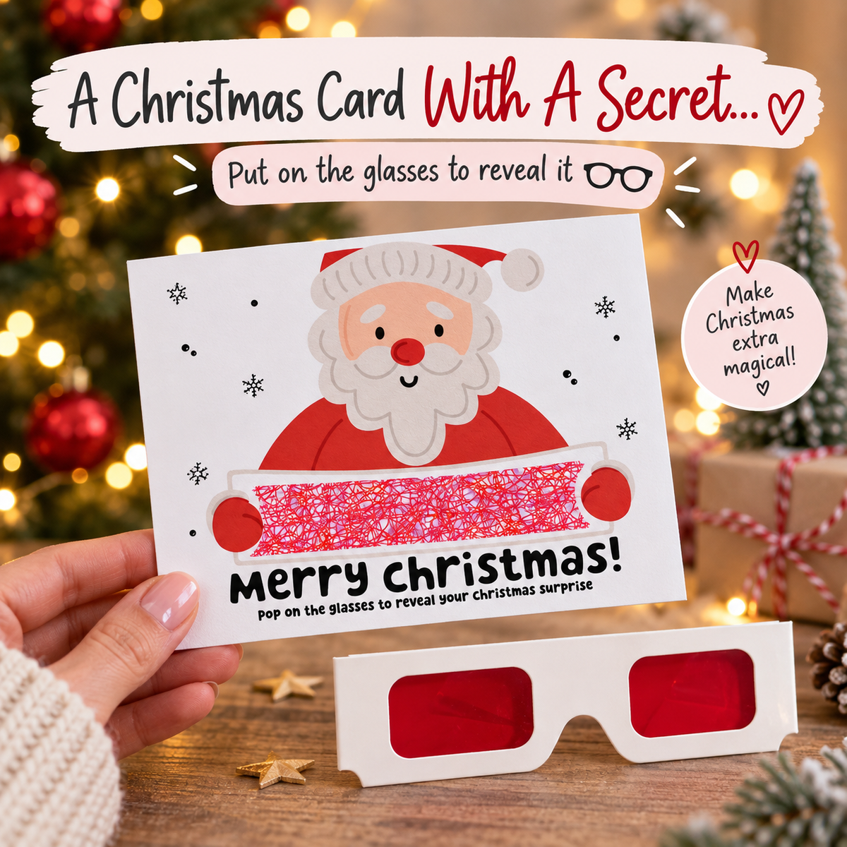 Personalised Christmas Reveal Card with 3D Glasses – Santa Surprise Message • Trip or Gift Reveal