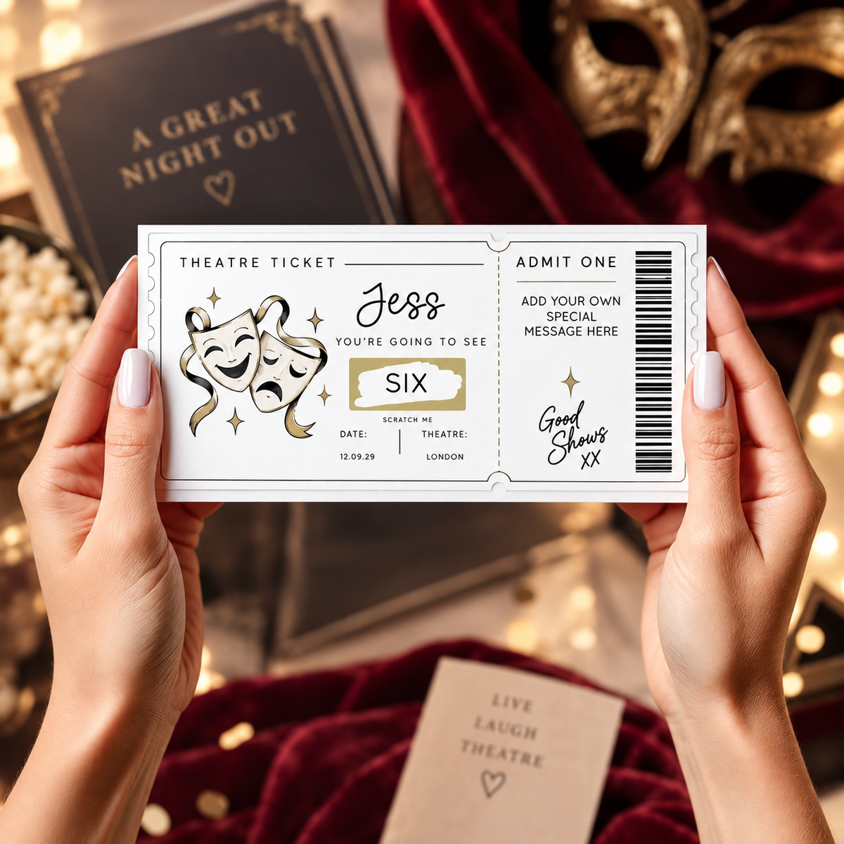 Personalised Theatre Ticket Scratch Off Card Musical Show Surprise Gift Reveal