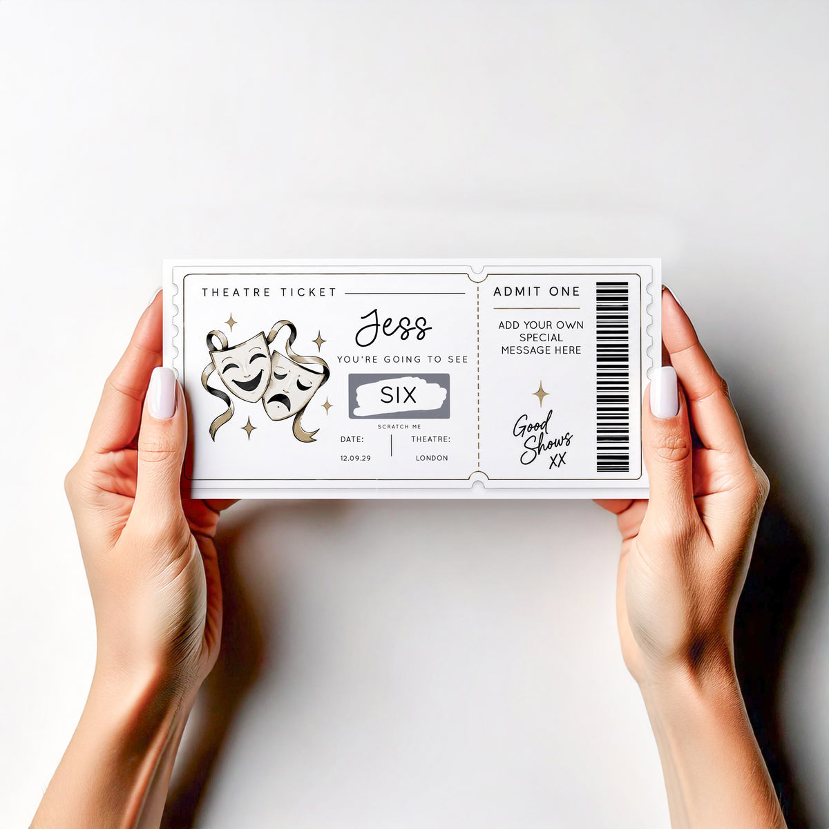 Personalised Theatre Ticket Scratch Off Card Musical Show Surprise Gift Reveal