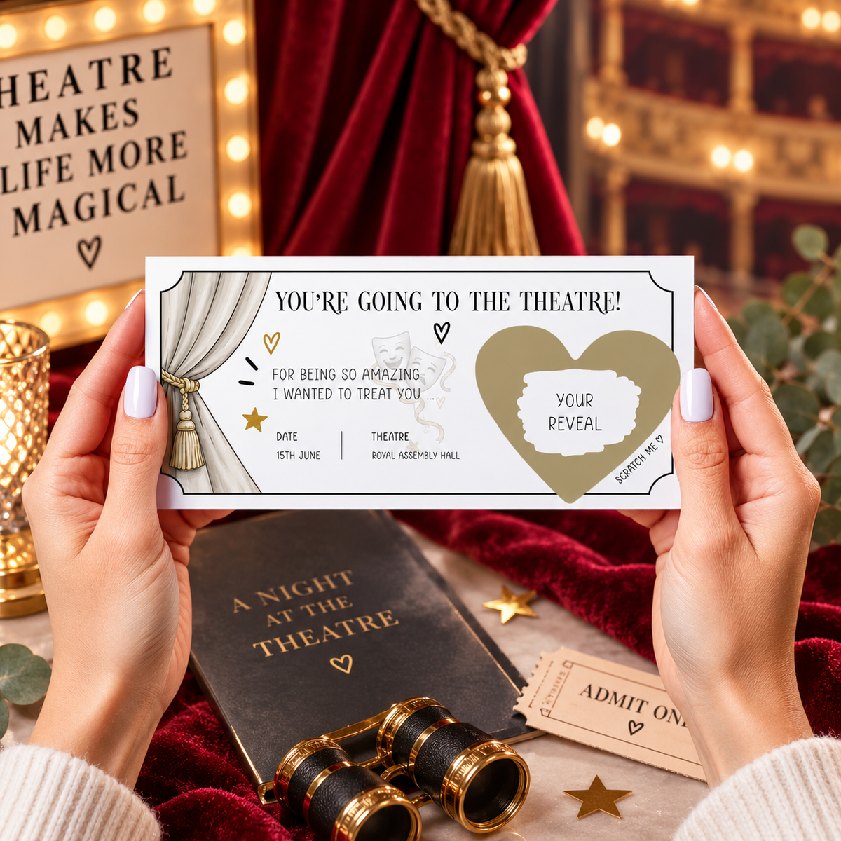 Personalised Theatre Ticket Reveal Scratch Off Card Surprise Show Musical Gift