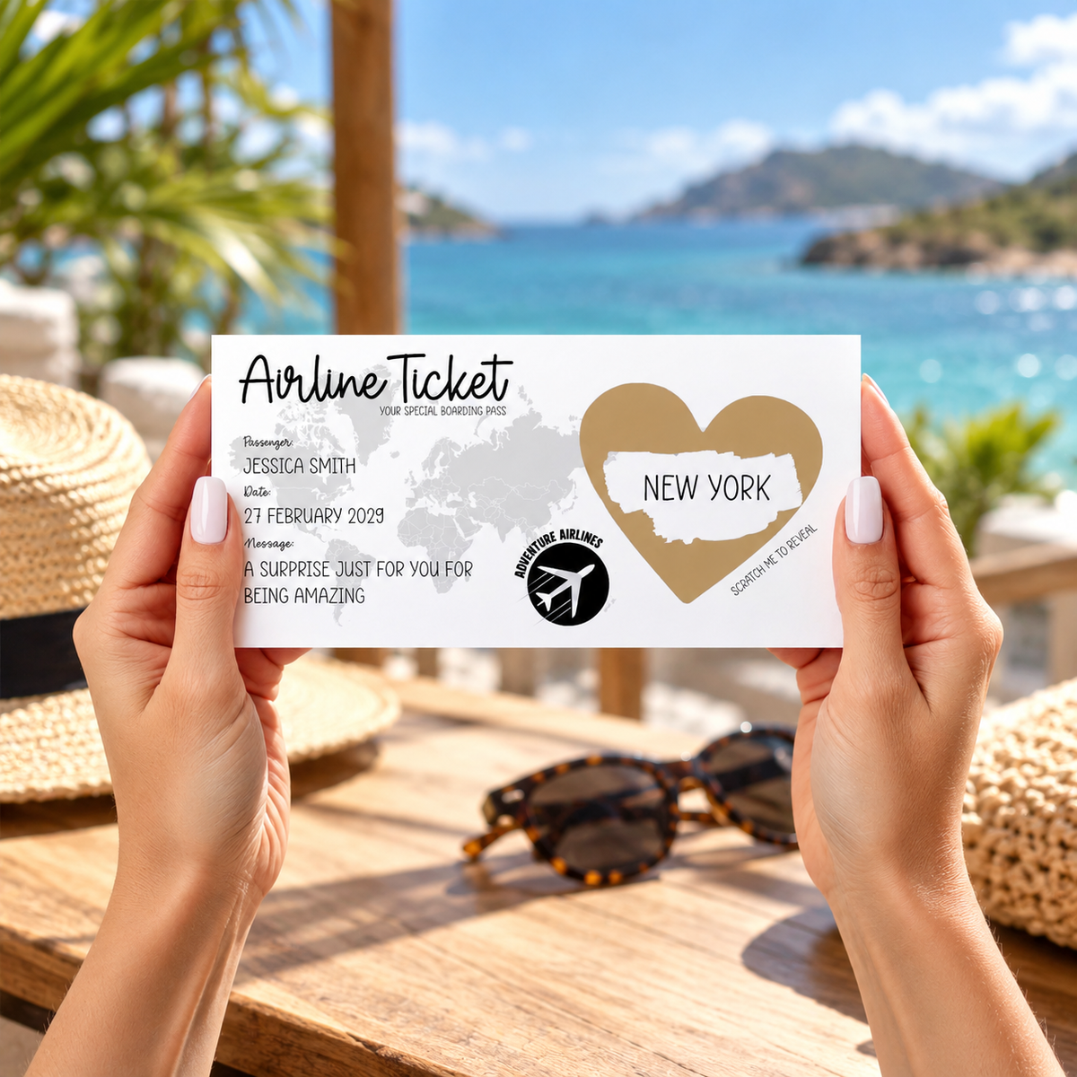 Personalised Surprise Holiday Scratch Card Travel Reveal Boarding Pass Destination Gift