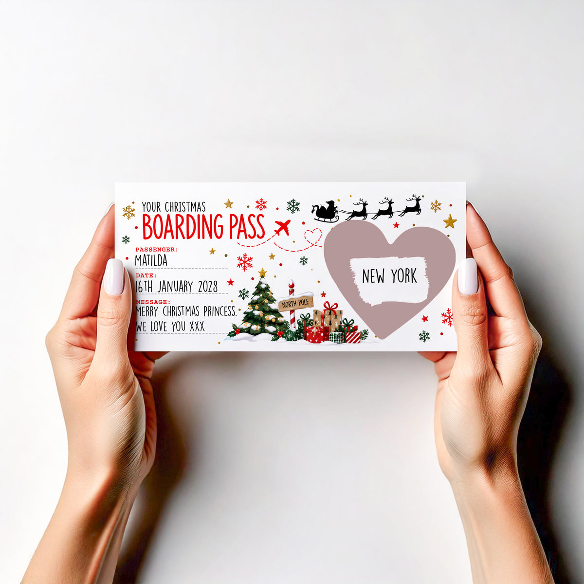 Personalised Christmas Holiday Reveal Scratch Off Card Boarding Pass Surprise Trip Gift