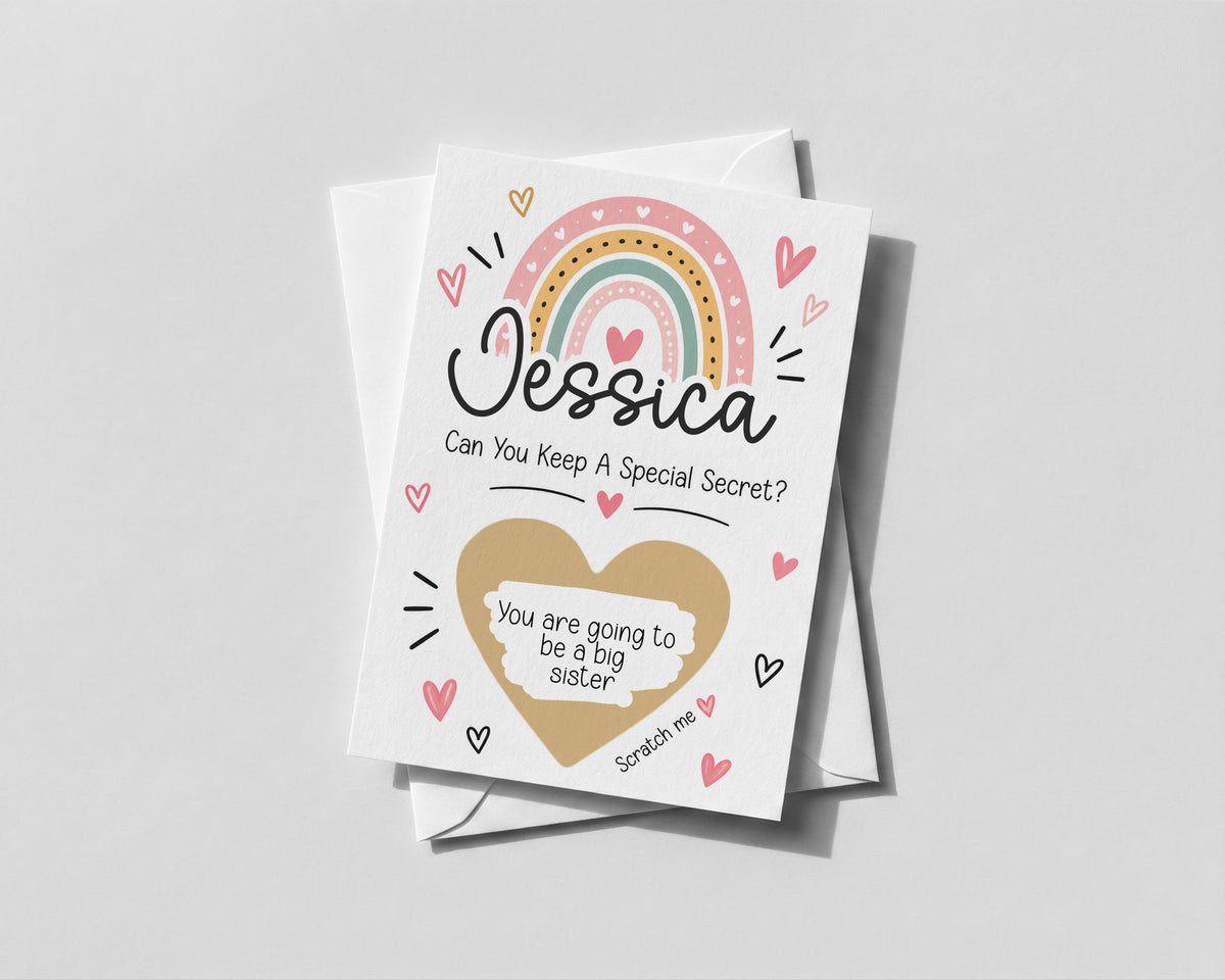 Personalised Big Sister Pregnancy Reveal Scratch Off Card New Baby Announcement