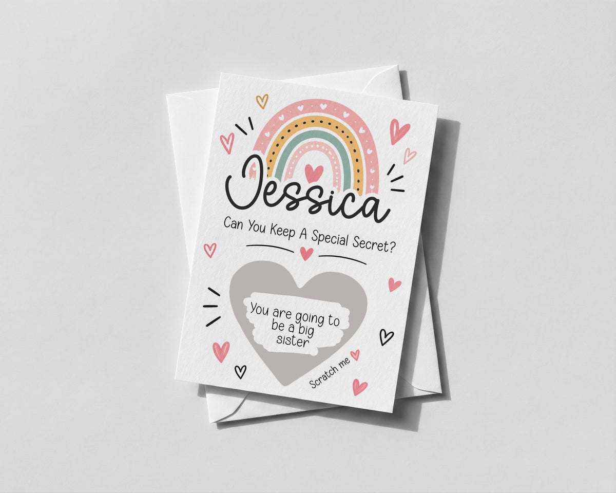 Personalised Big Sister Pregnancy Reveal Scratch Off Card New Baby Announcement
