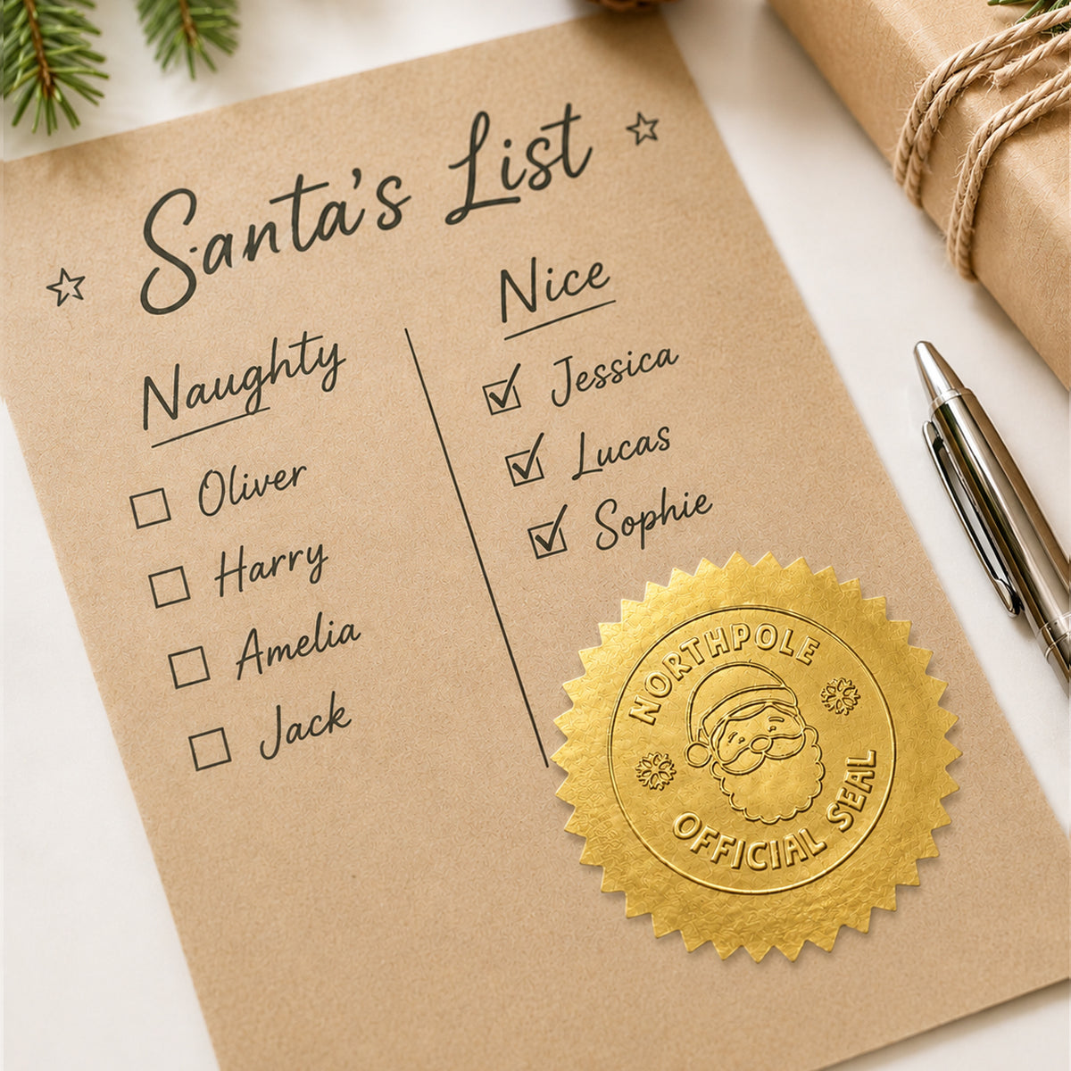 Gold Foil Santa Stickers – Hand‑Stamped North Pole Christmas Labels