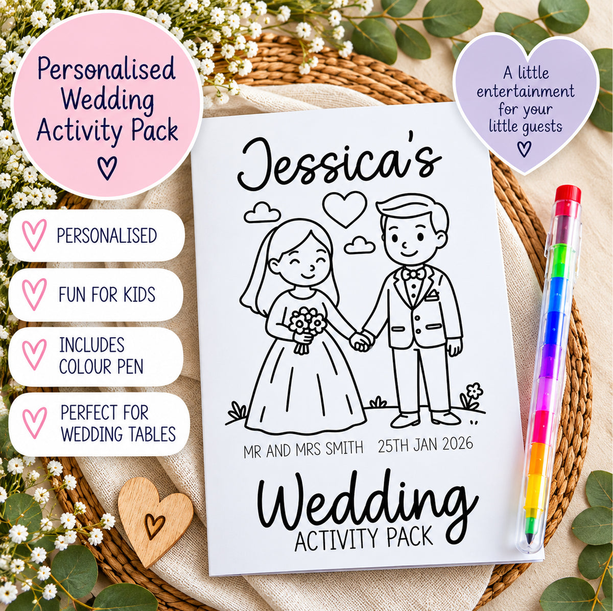 Personalised Kids Wedding Activity Pack Colouring Book Table Favour With Pen
