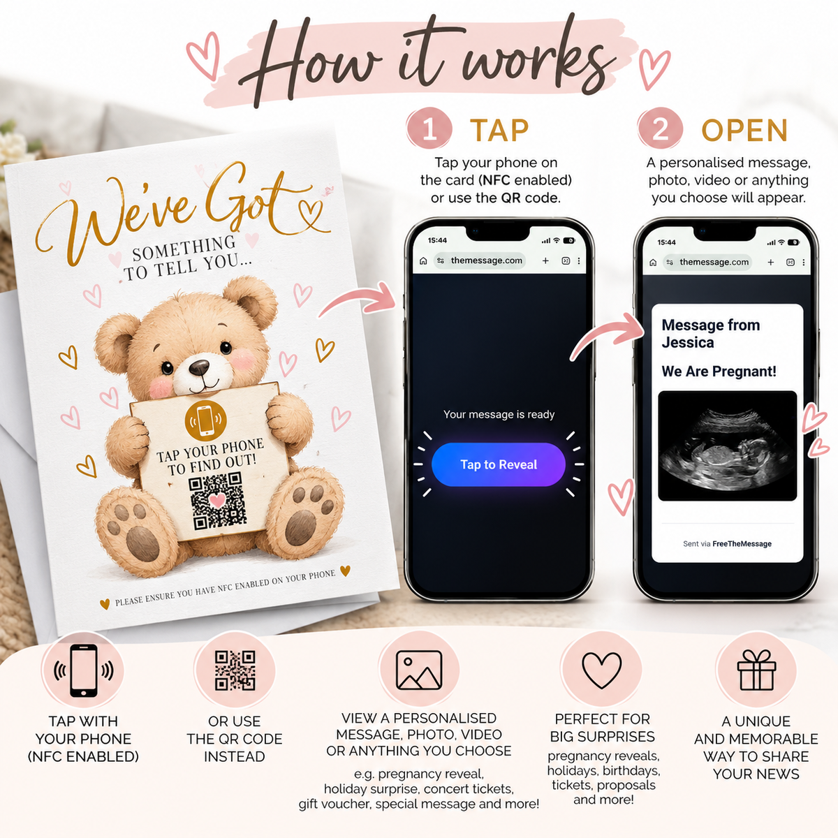 Personalised NFC Pregnancy Reveal Card Tap to Reveal Baby Announcement QR Scan