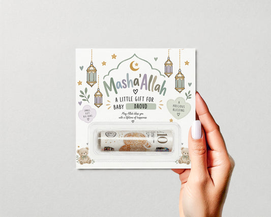 Personalised Aqiqah Money Holder Muslim New Baby Gift MashaAllah Cash Gift Card