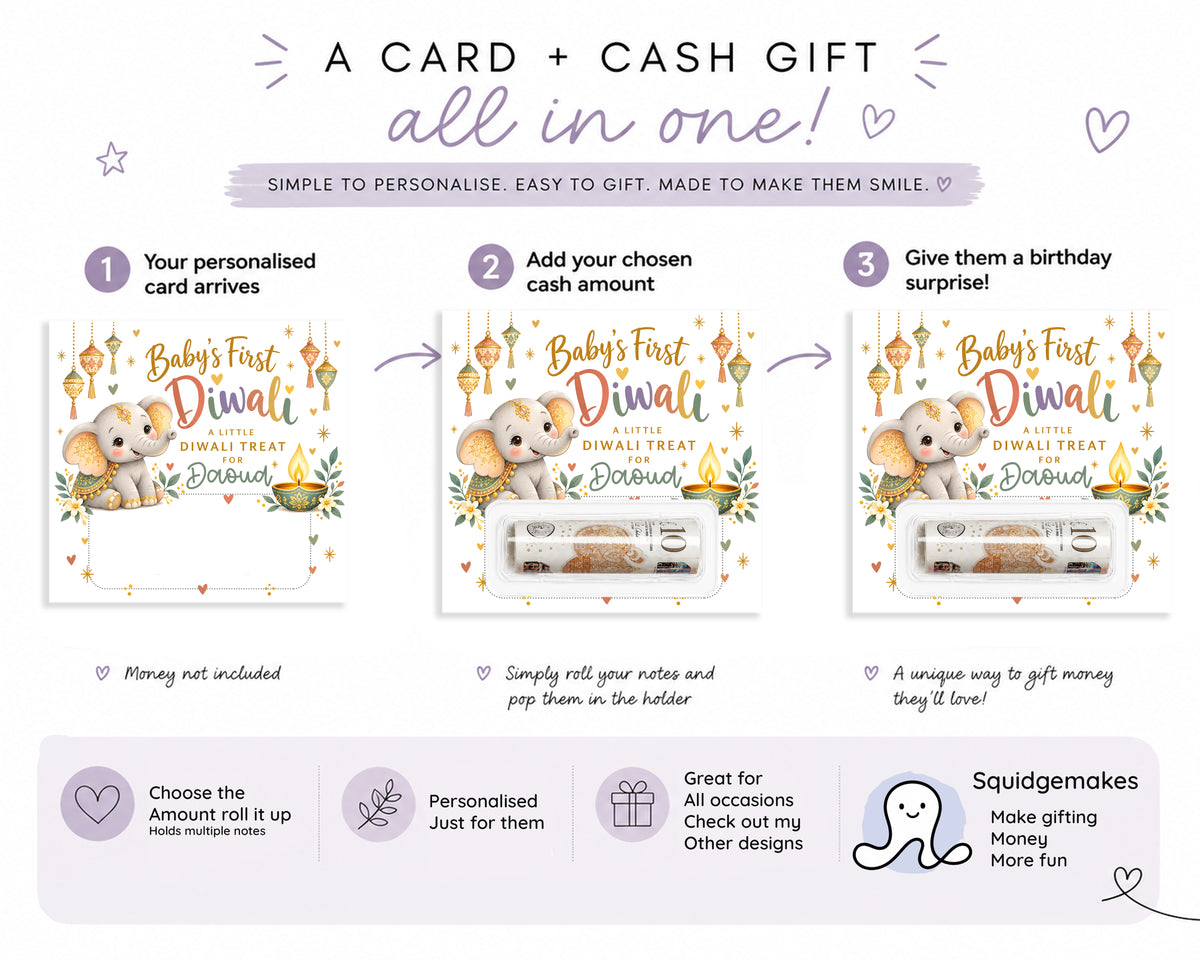 Personalised Baby's First Diwali Money Holder Card Gift Keepsake Elephant