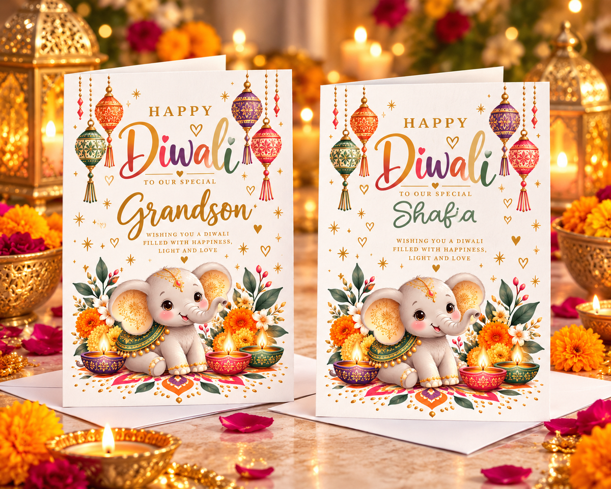 Personalised Diwali Card Grandson Granddaughter Kids Child Name Elephant Greeting