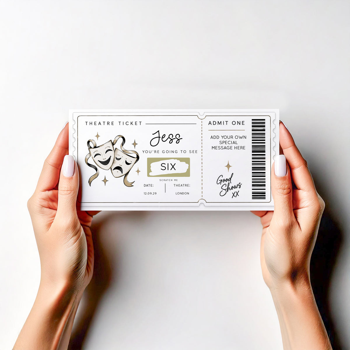 Personalised Theatre Ticket Scratch Off Card Musical Show Surprise Gift Reveal