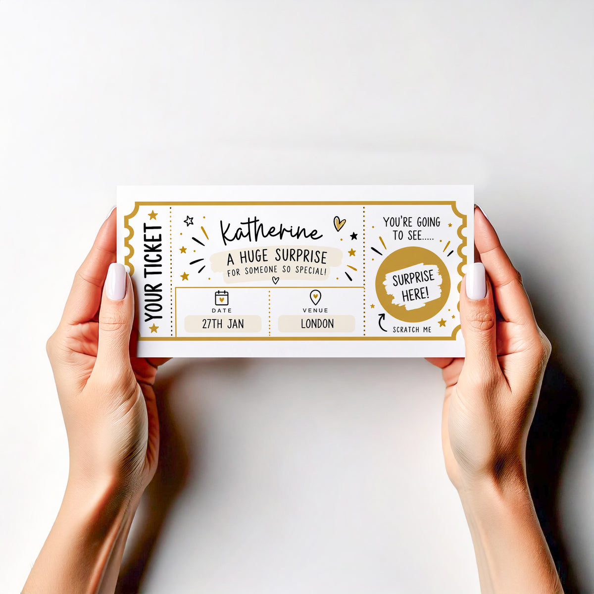 Personalised Christmas Surprise Ticket Scratch Off Card Concert Theatre Gig Gift Reveal