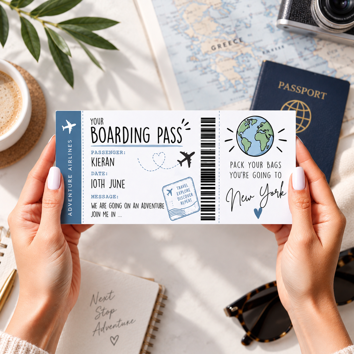 Personalised Boarding Pass Holiday Reveal Card Surprise Trip Travel Ticket Gift