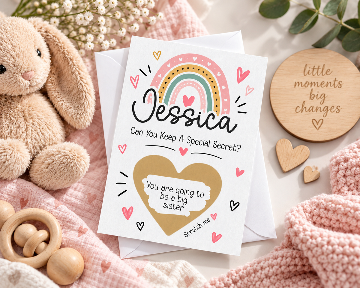 Personalised Big Sister Pregnancy Reveal Scratch Off Card New Baby Announcement