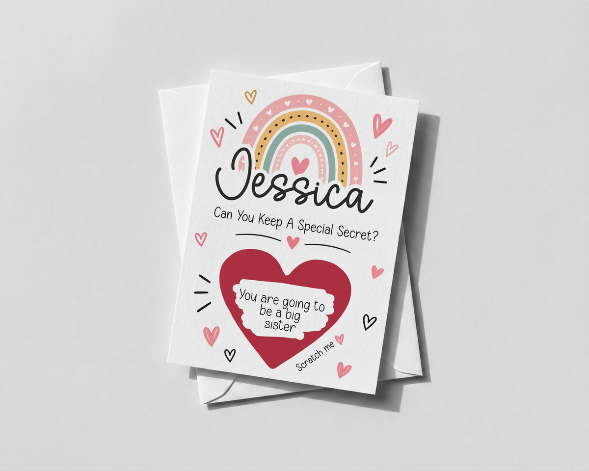 Personalised Big Sister Pregnancy Reveal Scratch Off Card New Baby Announcement