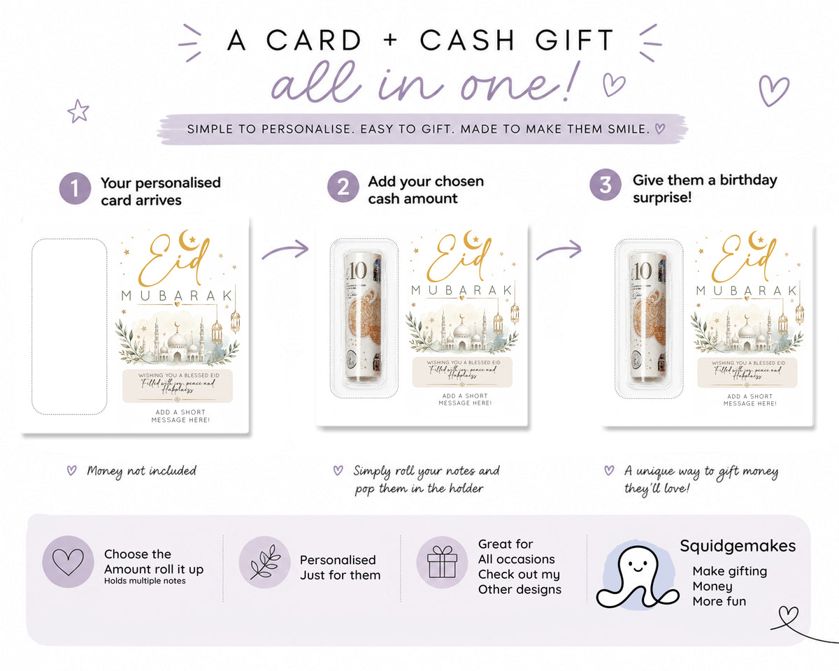 Personalised Eid Mubarak Money Holder Card, Eid Gift, Cash Gift Wallet