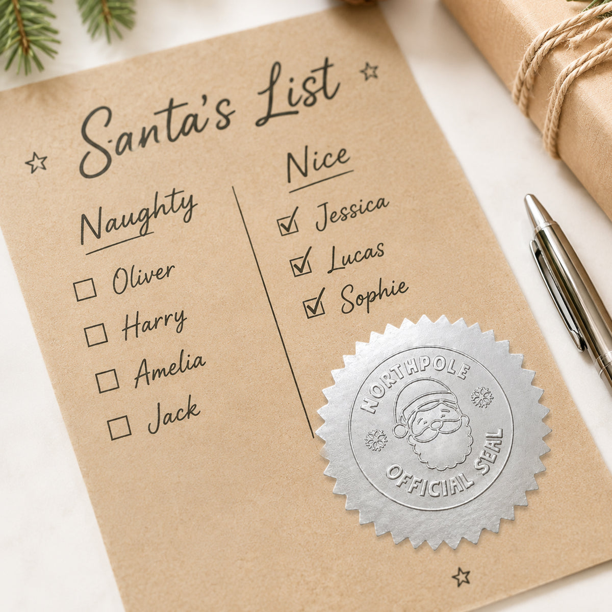Silver Foil Santa Stickers – Hand‑Stamped North Pole Christmas Labels