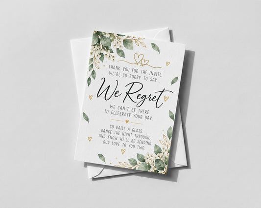 Wedding RSVP Regret Card Sorry We Can't Attend Wedding Invitation Decline Reply