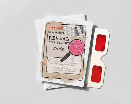 Personalised Spy Birthday Card, Secret Message Reveal Glasses, Kids Birthday Surprise Gift